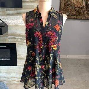 Roz‎ & Ali Sleeveless Black Floral Tropical Top.Size S (277)